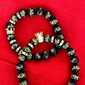 Genuine Black Agate Beads King/Queen Couples Bracelet set